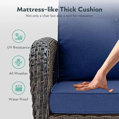Artfurniz Outdoor Swivel Glider Chairs - 3 Piece Patio Furniture Set, Brown Wicker, Blue Cushions | 360° Swivel & Glide thumbnail 5