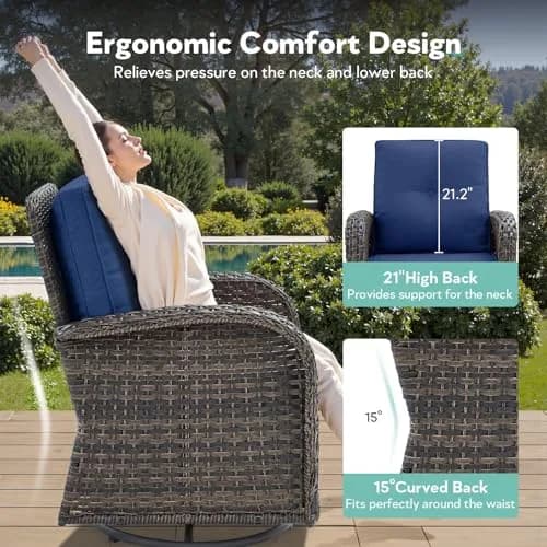 Artfurniz Outdoor Swivel Glider Chairs - 3 Piece Patio Furniture Set, Brown Wicker, Blue Cushions | 360° Swivel & Glide thumbnail 6