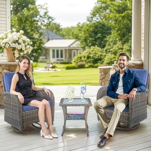 Artfurniz Outdoor Swivel Glider Chairs - 3 Piece Patio Furniture Set, Brown Wicker, Blue Cushions | 360° Swivel & Glide thumbnail 8