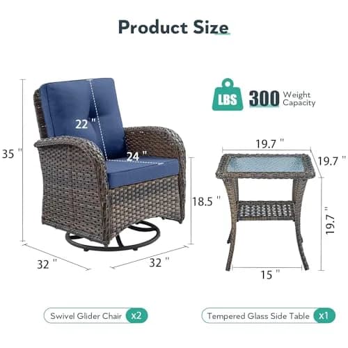 Artfurniz Outdoor Swivel Glider Chairs - 3 Piece Patio Furniture Set, Brown Wicker, Blue Cushions | 360° Swivel & Glide thumbnail 2