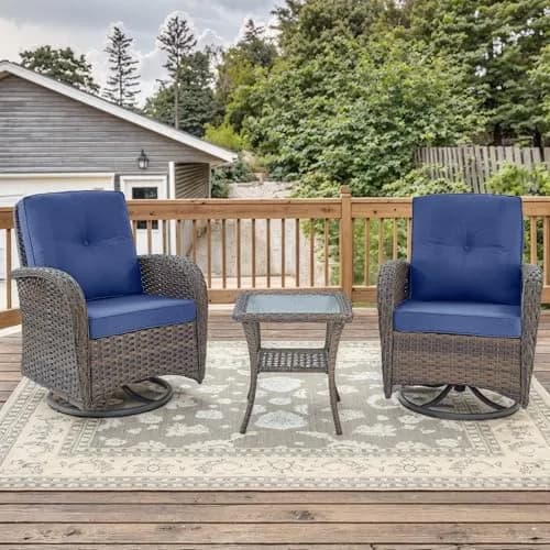 Artfurniz Outdoor Swivel Glider Chairs - 3 Piece Patio Furniture Set, Brown Wicker, Blue Cushions | 360° Swivel & Glide thumbnail 3