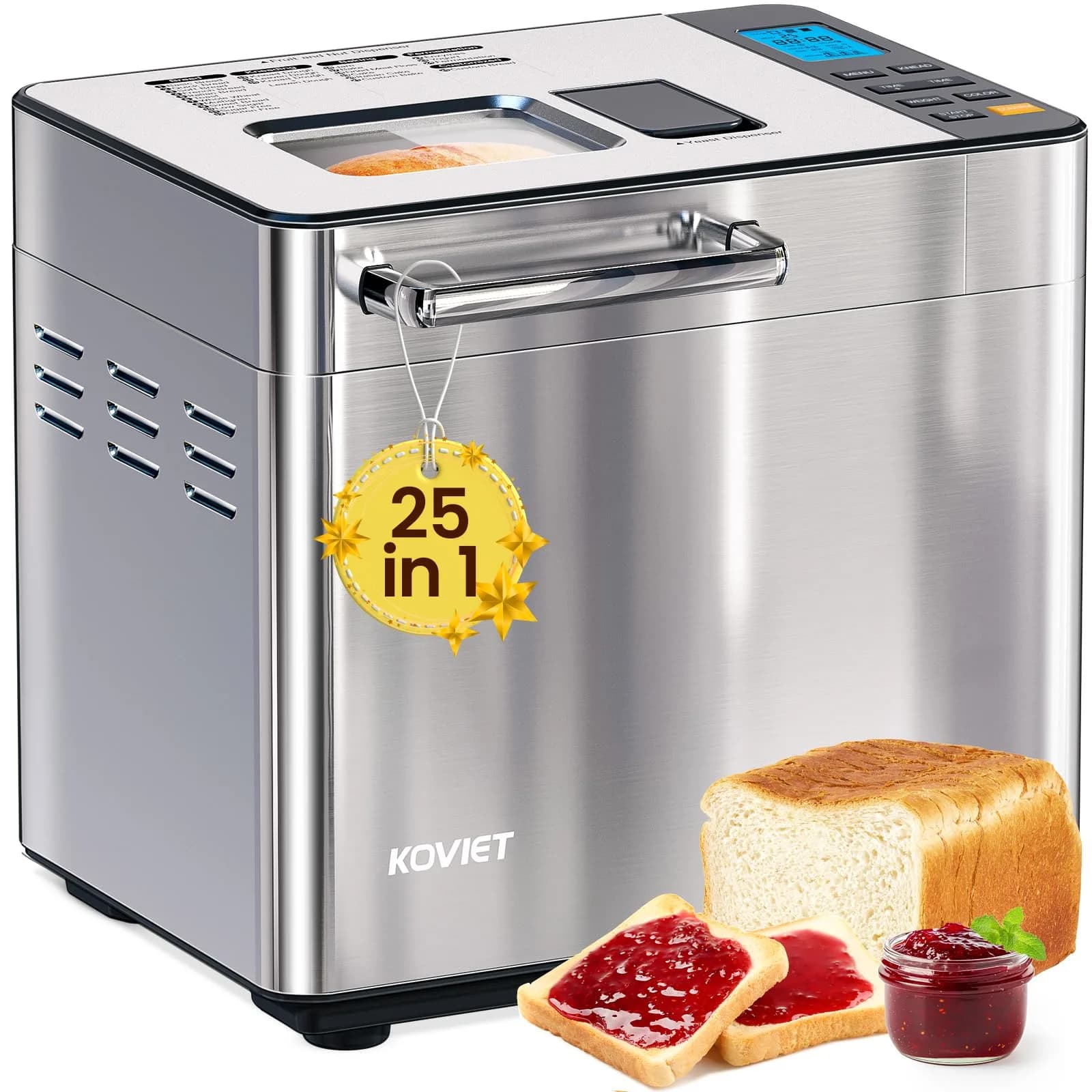 KOVIET 25‑in‑1 Bread Maker Machine 2lb | Automatic Dual Dispenser, Stainless Steel, 13-hr Delay Timer