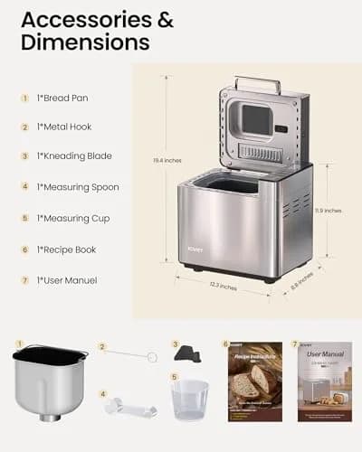 KOVIET 25‑in‑1 Bread Maker Machine 2lb | Automatic Dual Dispenser, Stainless Steel, 13-hr Delay Timer thumbnail 7
