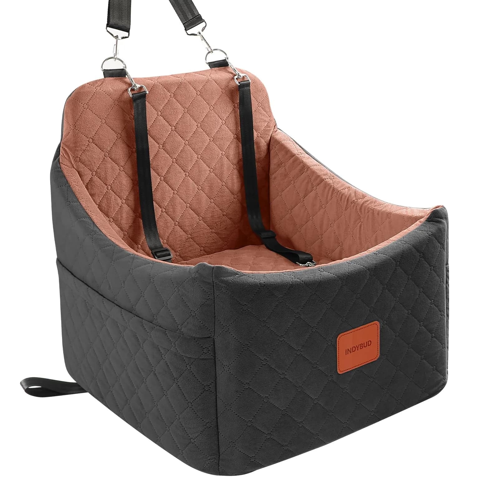 INDYBUD Dog Car Seat for Small/Medium Dogs | Memory Foam Travel Safety Booster (19 in) with Washable Cover — Black/Brown