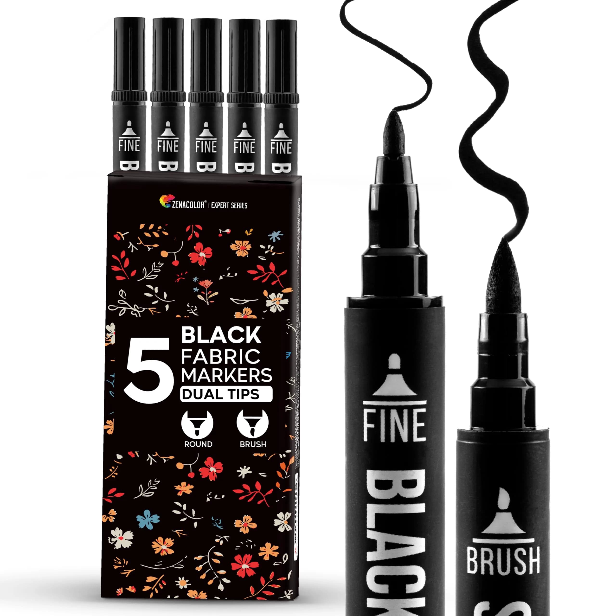 Zenacolor Permanent Black Fabric Markers for Clothes - 5 Dual Tip Pens | Non-Toxic, Water-Resistant Ink for Textiles & Paper - main product image
