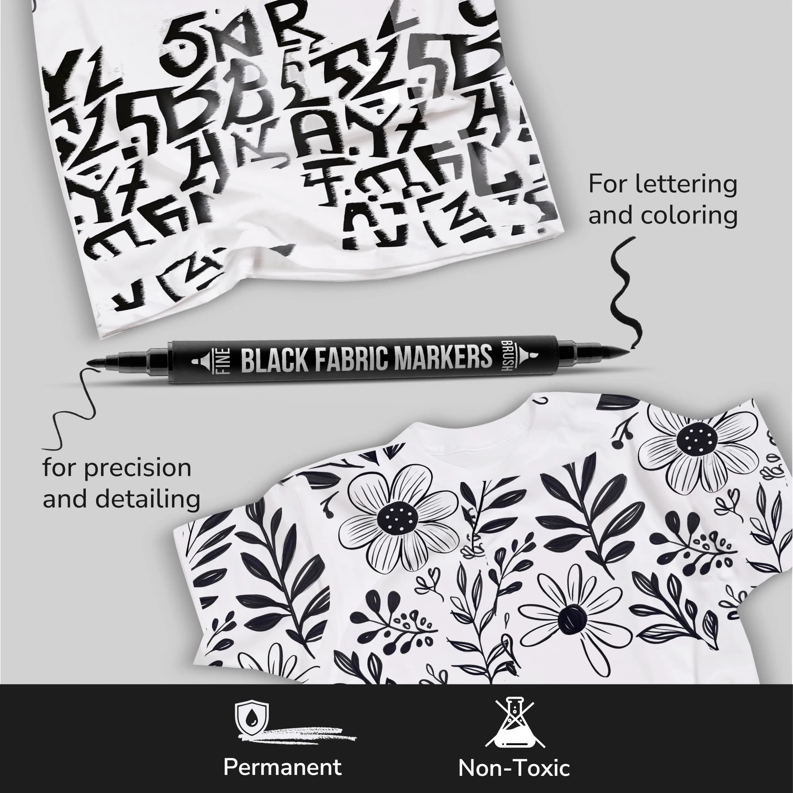Zenacolor Permanent Black Fabric Markers for Clothes - 5 Dual Tip Pens | Non-Toxic, Water-Resistant Ink for Textiles & Paper - view 5