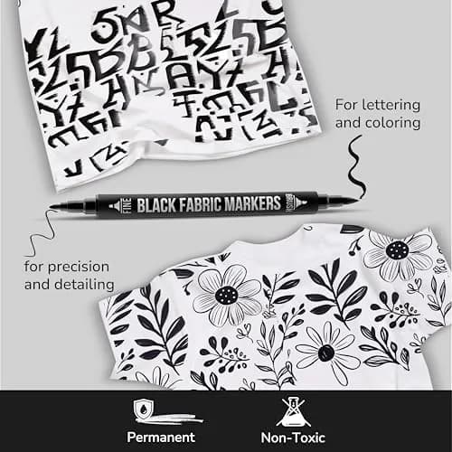 Zenacolor Permanent Black Fabric Markers for Clothes - 5 Dual Tip Pens | Non-Toxic, Water-Resistant Ink for Textiles & Paper thumbnail 5