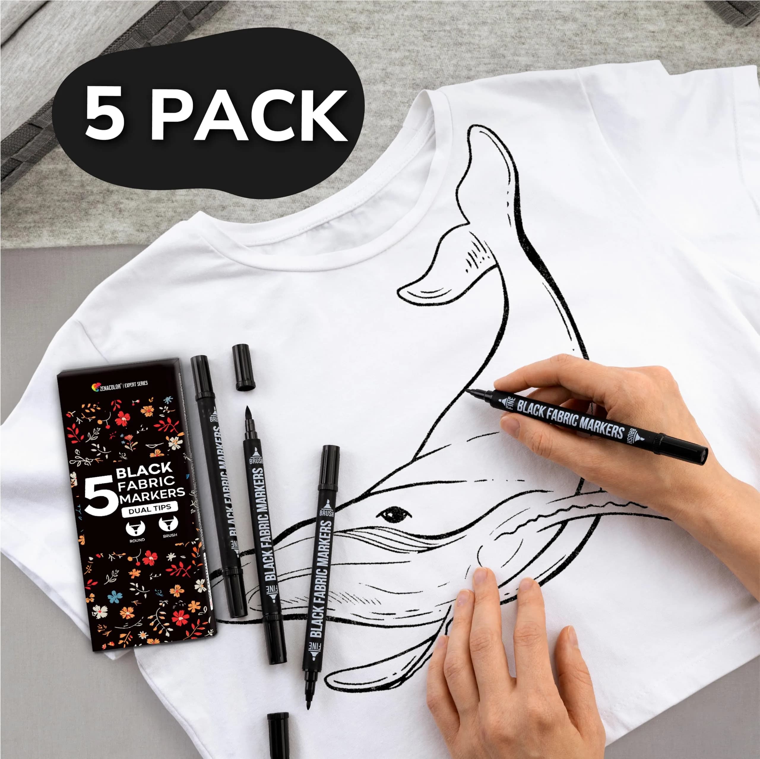 Zenacolor Permanent Black Fabric Markers for Clothes - 5 Dual Tip Pens | Non-Toxic, Water-Resistant Ink for Textiles & Paper - view 3