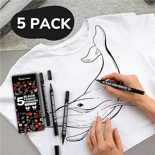 Zenacolor Permanent Black Fabric Markers for Clothes - 5 Dual Tip Pens | Non-Toxic, Water-Resistant Ink for Textiles & Paper thumbnail 3