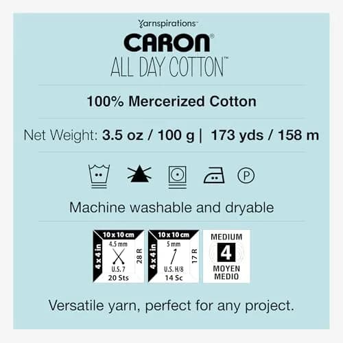 Caron All Day Cotton Yarn for Crocheting, Country Blue, 100g (3.52 oz) | 100% Mercerized Cotton thumbnail 7