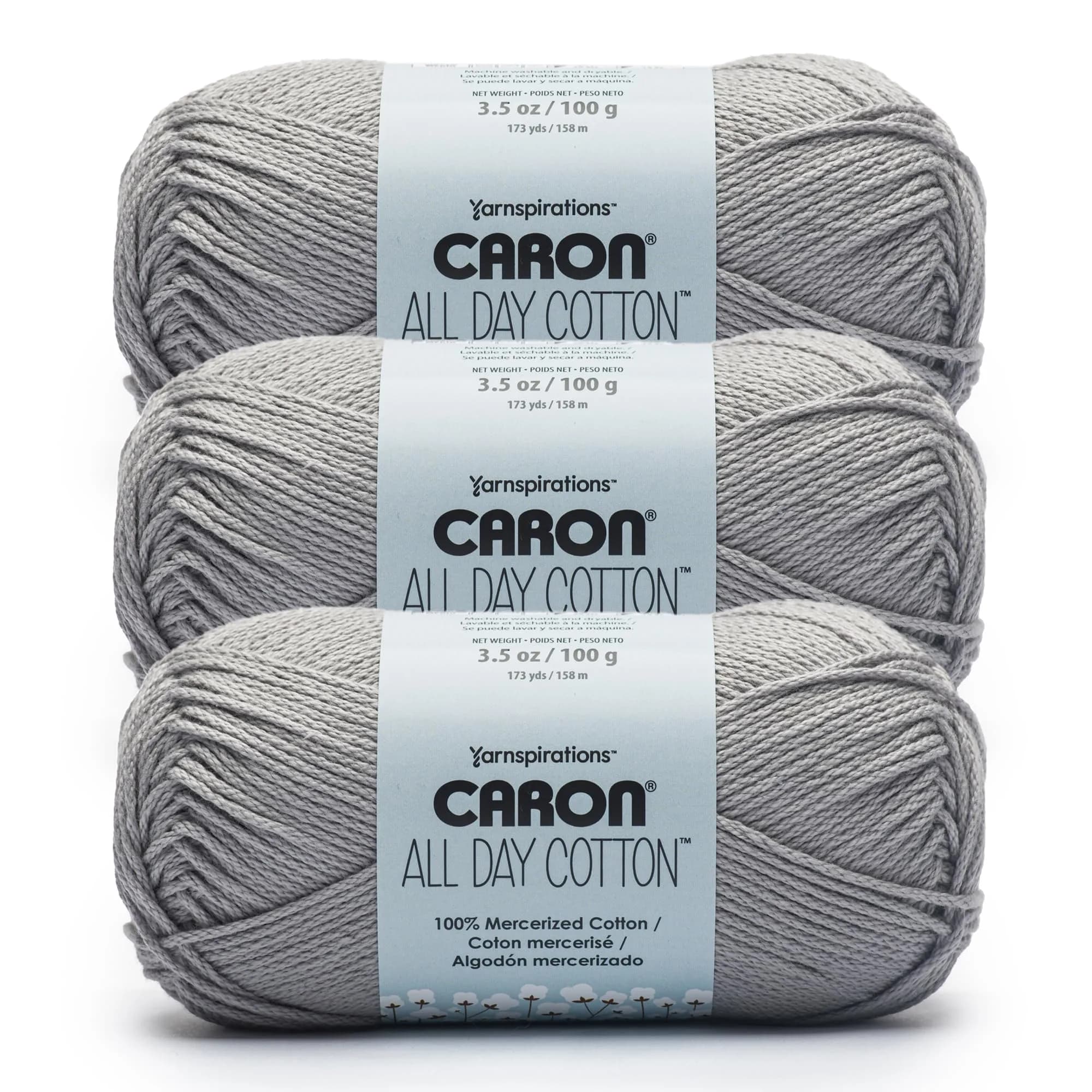 Caron All Day Cotton Morning Air Yarn - Light Gray - 3 Pack (300g/10.5oz) - 100% Mercerized Cotton - Worsted Weight - main product image