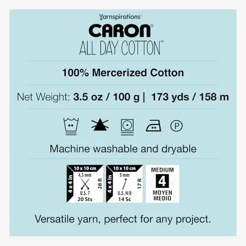 Caron All Day Cotton Yarn for Crocheting 100g/3.5oz | Soft Mercerized Cotton for All Projects thumbnail 7