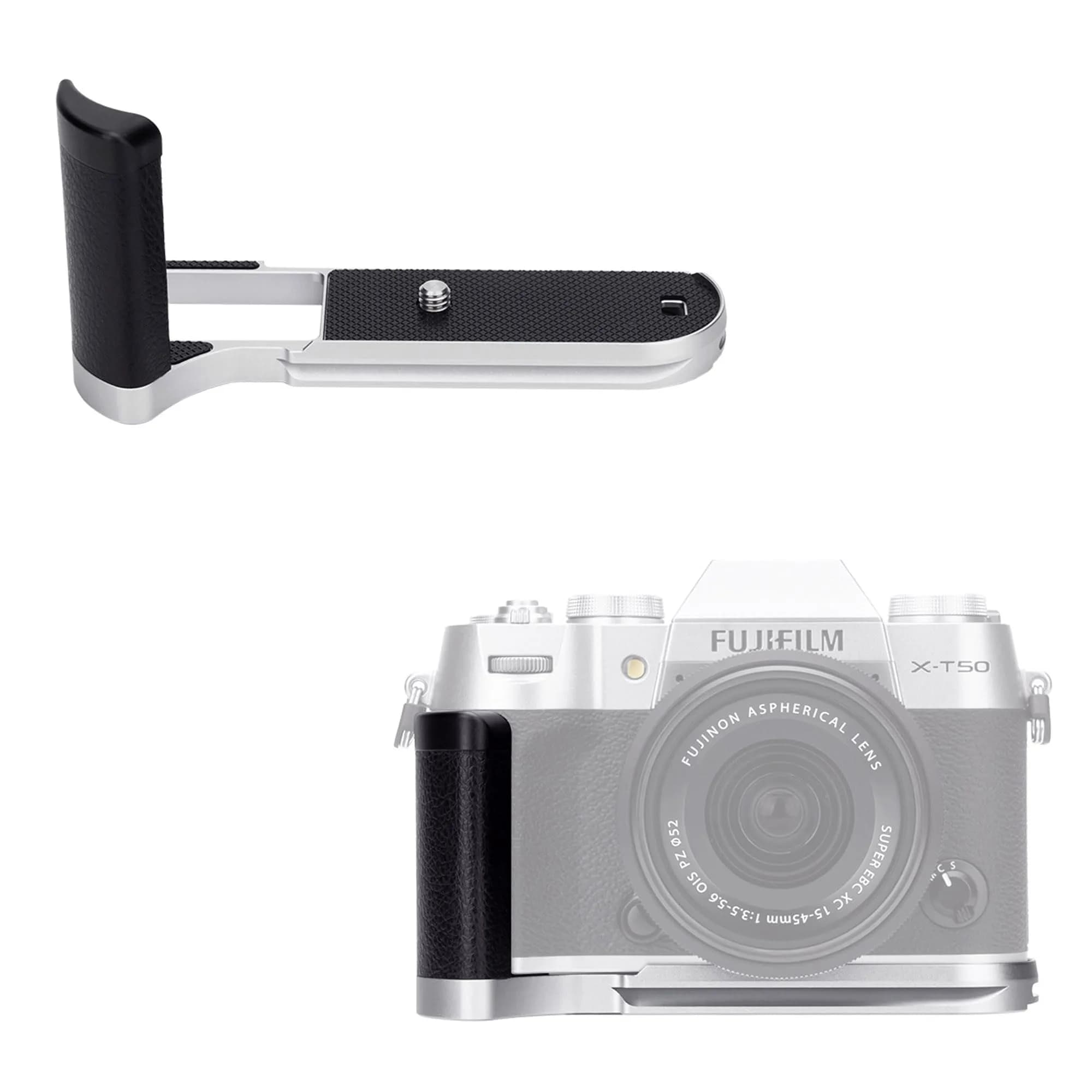 JJC Metal Hand Grip L-Shape Handle for Fujifilm X-T50 Camera, Black | Arca Swiss Quick Release Base & 1/4''-20 Tripod Hole — Silver