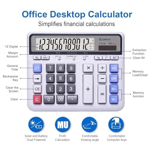 Comix Desktop Calculator 12 Digits White | Large LCD, Office & Home Use thumbnail 2