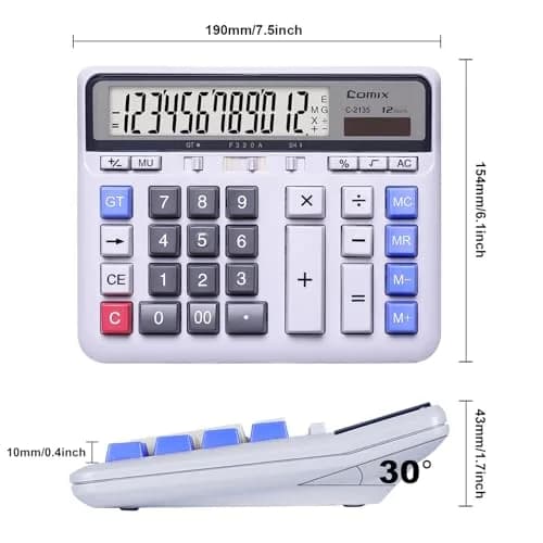 Comix Desktop Calculator 12 Digits White | Large LCD, Office & Home Use thumbnail 3