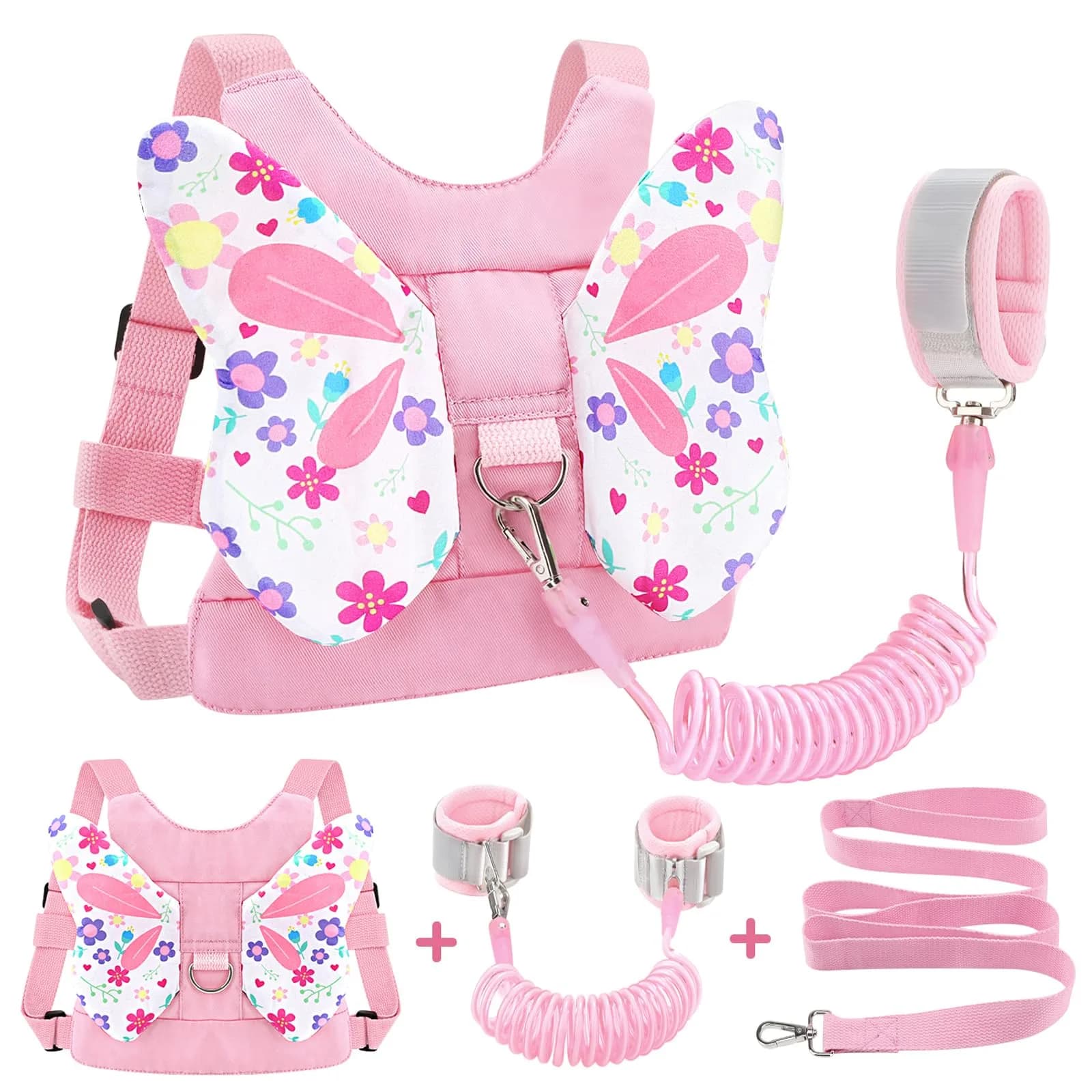 Accmor Light Pink/Flower Butterfly Toddler Harness Leash with Anti-Lost Wrist Link for Girls - main product image