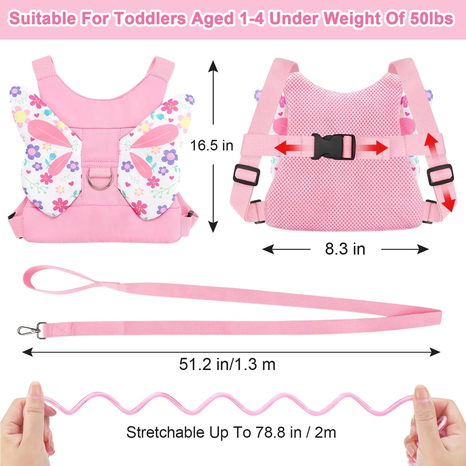Accmor Light Pink/Flower Butterfly Toddler Harness Leash with Anti-Lost Wrist Link for Girls - view 2