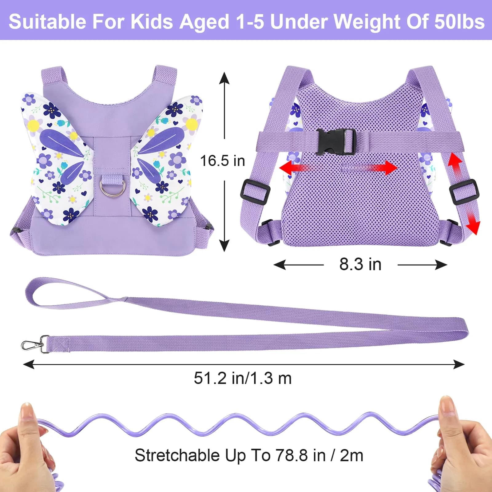 Accmor Light Purple/Flower Butterfly Toddler Harness Leash with Anti-Lost Wrist Link for Girls - view 2