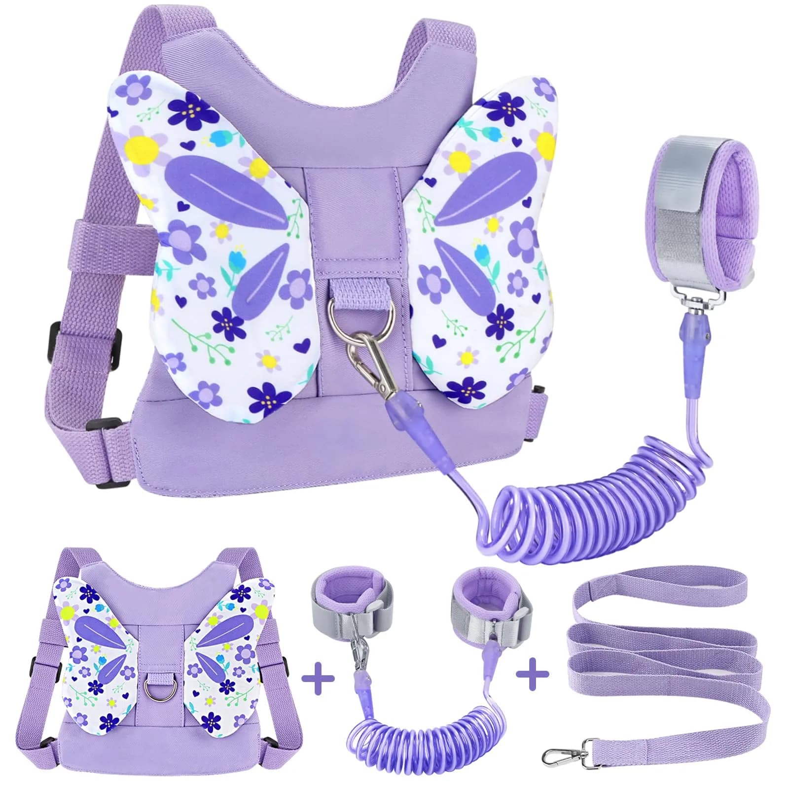 Accmor Butterfly Toddler Harness Leash with Anti-Lost Wrist Link, Purple, 1-5 Years | Secure Walking Assistant for Girls — Light Purple/Flower