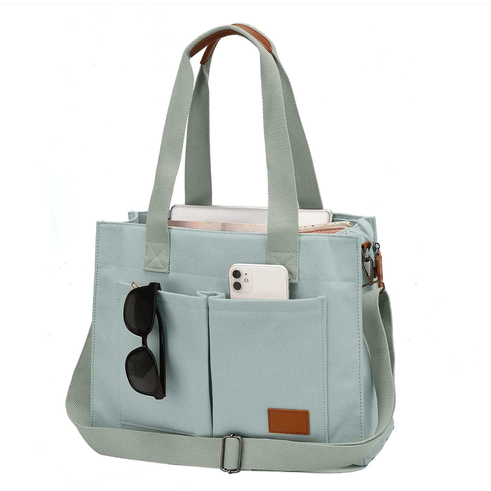 Barsine Canvas Laptop Tote Bag for Women, Fits 15.6" Laptop, 16L (15L) | Work Bag with Tablet Compartment & 2 Bottle Pockets — Green