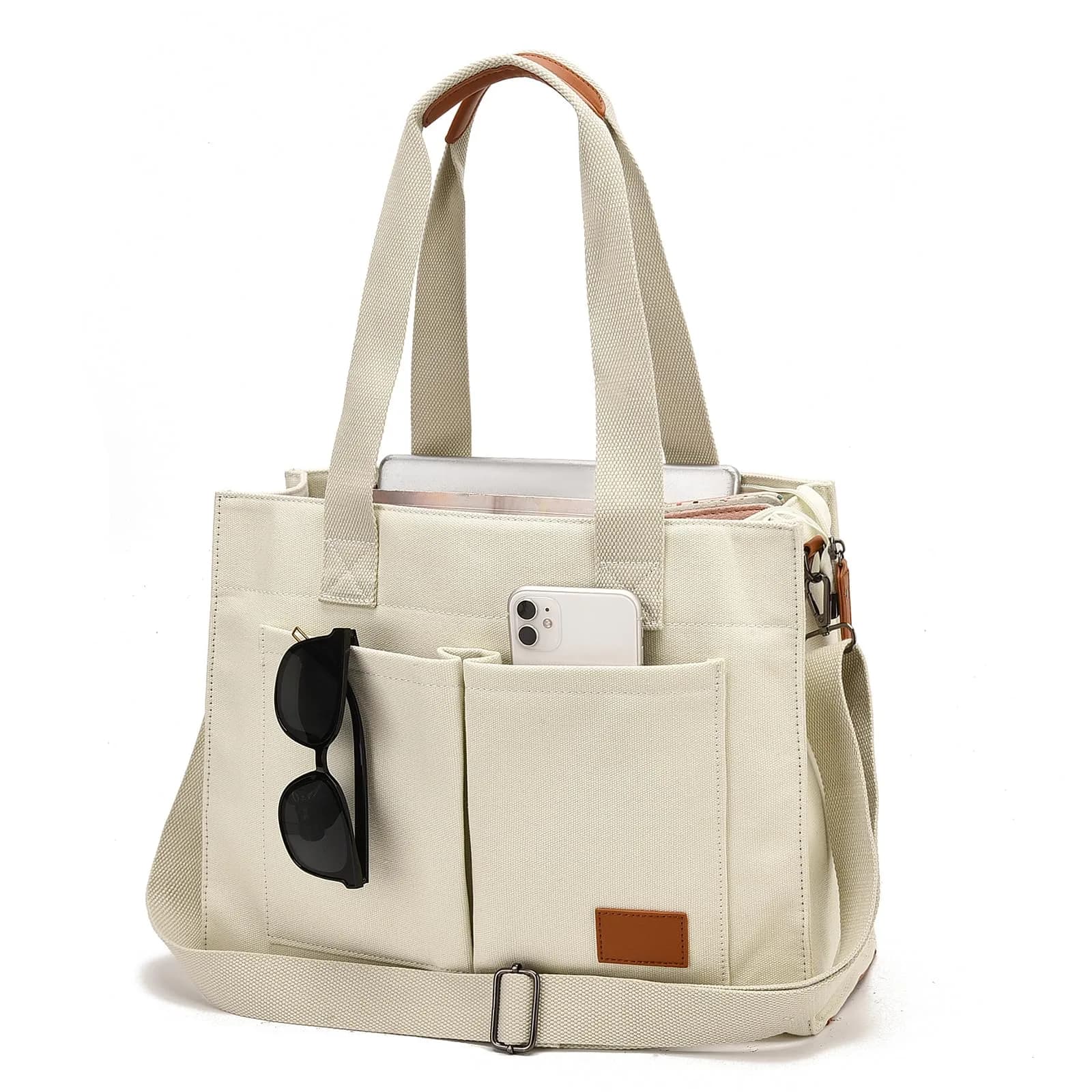 Barsine Canvas Laptop Tote Bag for Women, Fits 15.6" Laptop, 16L (15L) | Work Bag with Tablet Compartment & 2 Bottle Pockets — Ivory