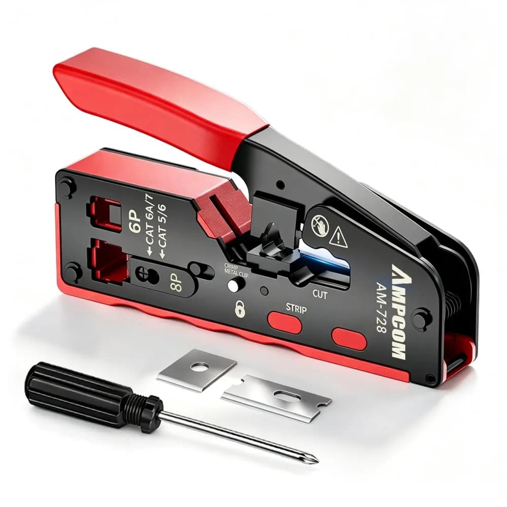 AMPCOM RJ45 Crimper for Cat 5e/6/6a7/8 Pass Through & Standard Network Plug | Heavy-Duty, Dual-Mode, 5000+ Crimps