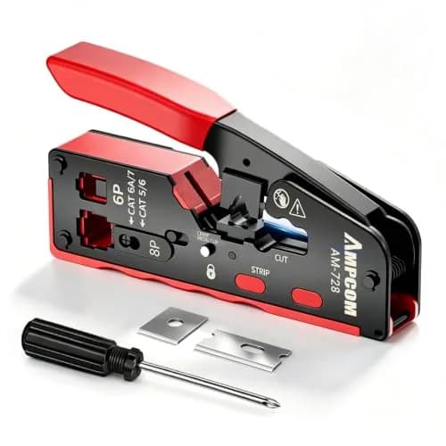 AMPCOM RJ45 Crimper for Cat 5e/6/6a7/8 Pass Through & Standard Network Plug | Heavy-Duty, Dual-Mode, 5000+ Crimps thumbnail 1