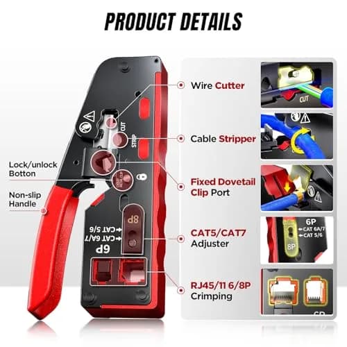 AMPCOM RJ45 Crimper for Cat 5e/6/6a7/8 Pass Through & Standard Network Plug | Heavy-Duty, Dual-Mode, 5000+ Crimps thumbnail 2
