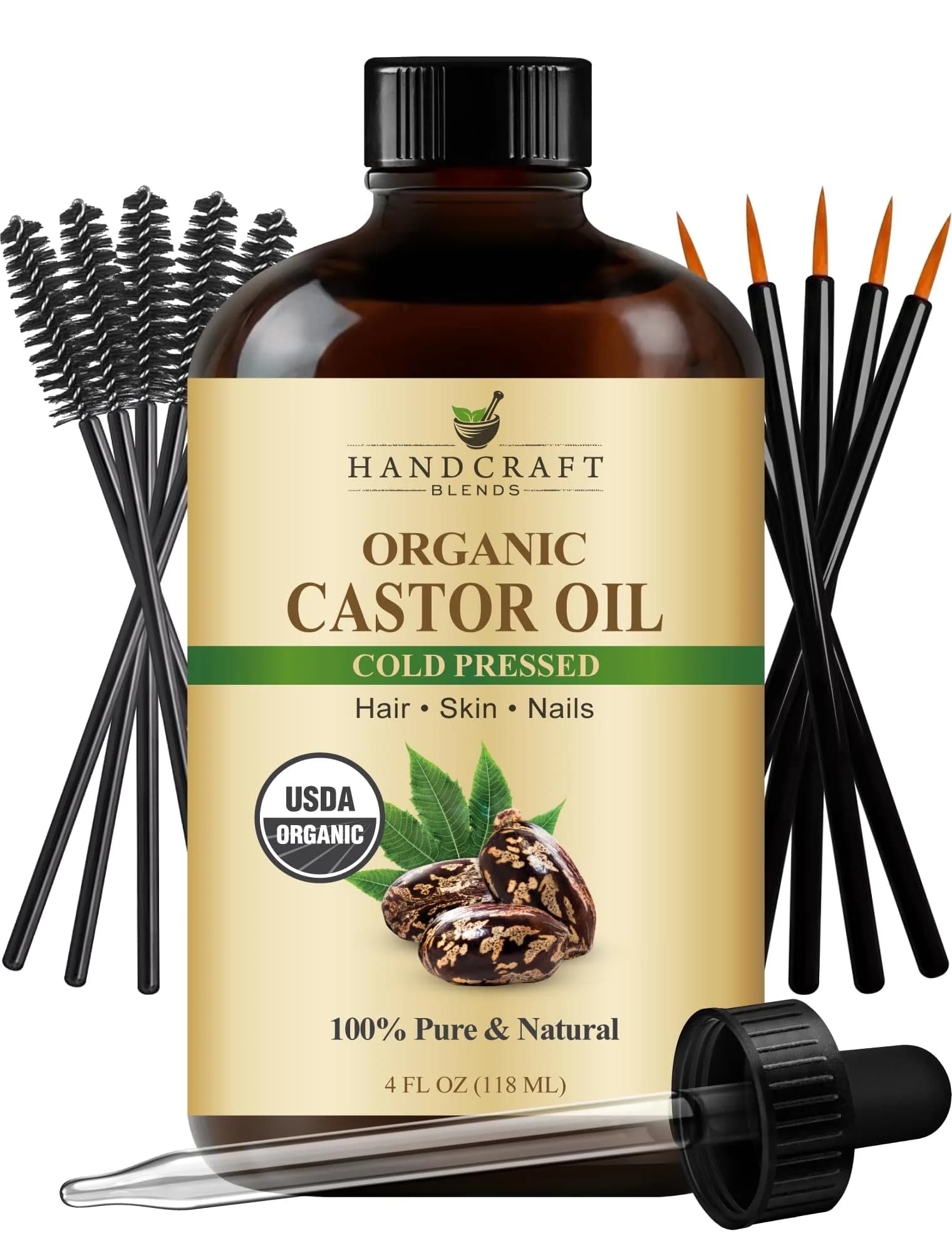 Handcraft Blends Organic Castor Oil 118ml (4 Fl Oz) | USDA Certified Pure Cold-Pressed for Lashes, Brows, Hair & Skin — Organic Castor Oil in Glass Bottle & Lash Brushes