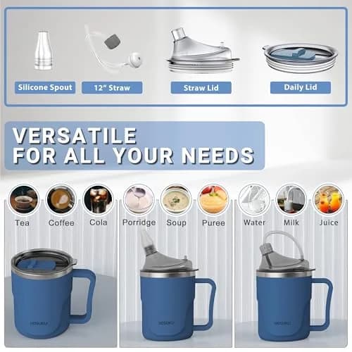 HOSUKU Adult Sippy Cup for Elderly 13.5 oz | 2 Lids, 3 Drinking Ways, Blue thumbnail 2