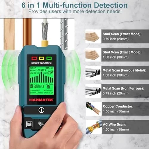 HANMATEK Stud Finder Wall Scanner Detector with Pro Smart Sensor, Audio Alarm & HD LCD Display, 6-in-1 Upgrade Wood Exact Mode Stud Finder Tool (20mm/38mm Depth, Green) thumbnail 3
