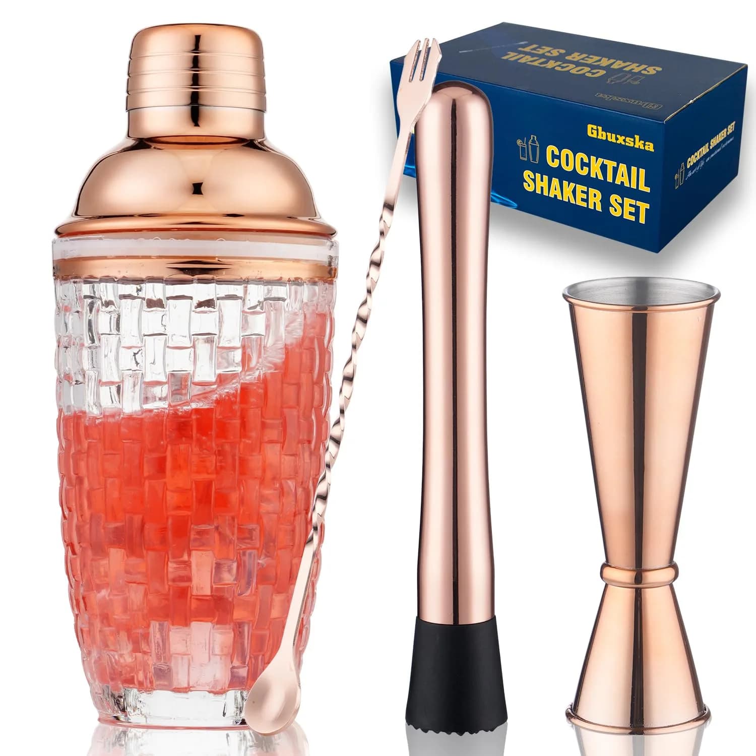 Gbuxska Rose Gold Cocktail Shaker Set with Jigger, Bar Spoon & Muddler | 13oz Glass, Leakproof, Gift Box