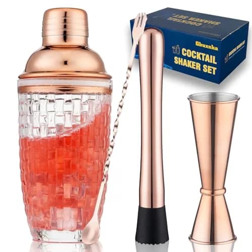 Gbuxska Rose Gold Cocktail Shaker Set with Jigger, Bar Spoon & Muddler | 13oz Glass, Leakproof, Gift Box thumbnail 1