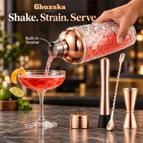 Gbuxska Rose Gold Cocktail Shaker Set with Jigger, Bar Spoon & Muddler | 13oz Glass, Leakproof, Gift Box thumbnail 4