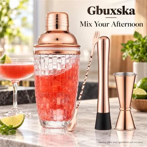 Gbuxska Rose Gold Cocktail Shaker Set with Jigger, Bar Spoon & Muddler | 13oz Glass, Leakproof, Gift Box thumbnail 5
