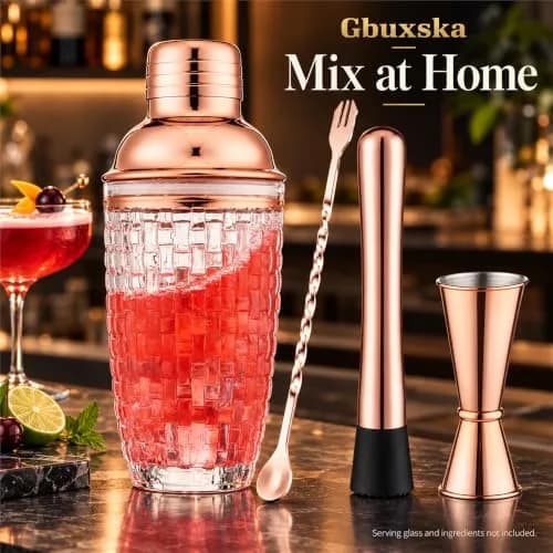 Gbuxska Rose Gold Cocktail Shaker Set with Jigger, Bar Spoon & Muddler | 13oz Glass, Leakproof, Gift Box thumbnail 6