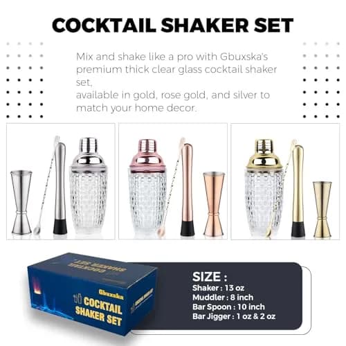 Gbuxska Rose Gold Cocktail Shaker Set with Jigger, Bar Spoon & Muddler | 13oz Glass, Leakproof, Gift Box thumbnail 2