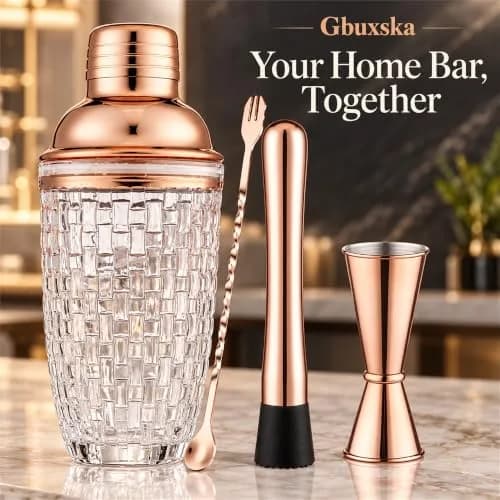 Gbuxska Rose Gold Cocktail Shaker Set with Jigger, Bar Spoon & Muddler | 13oz Glass, Leakproof, Gift Box thumbnail 3