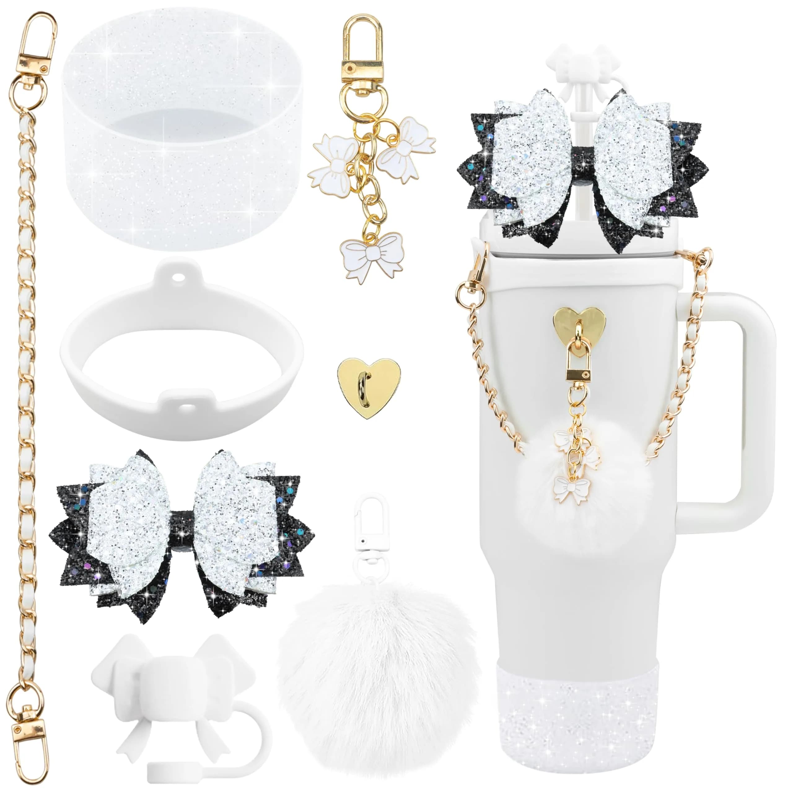 SEMATA Bling Bow Tumbler Accessories for Stanley Cup 30 40oz | Personalized, Fashionable & Durable (70-120 chars) — I2-Black White