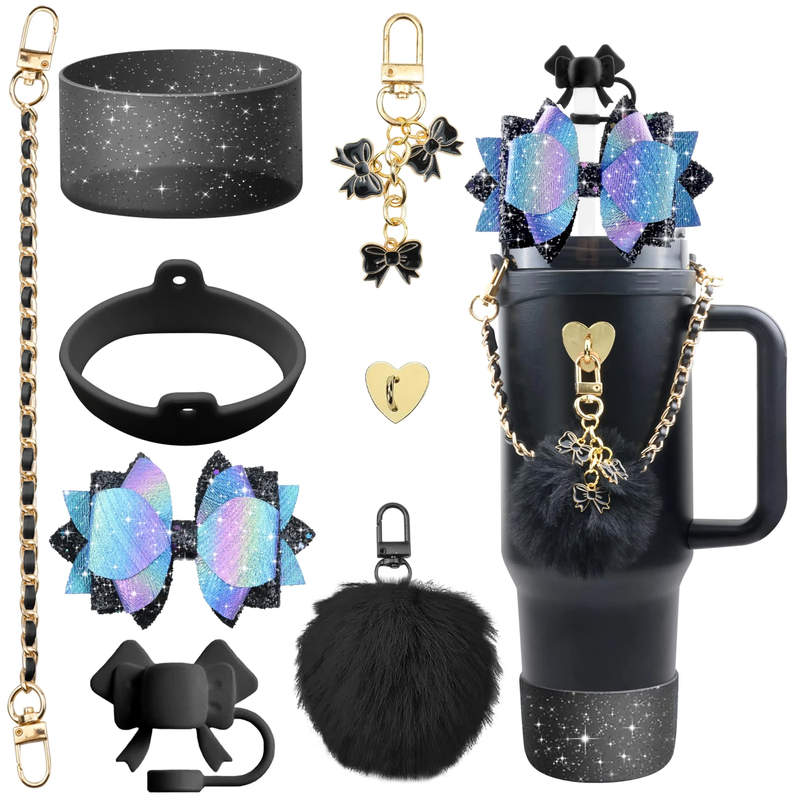 SEMATA Bling Bow Tumbler Accessories for Stanley Cup 30 40oz | Silicone Bow Cover & Charms — D1-Colorful Black