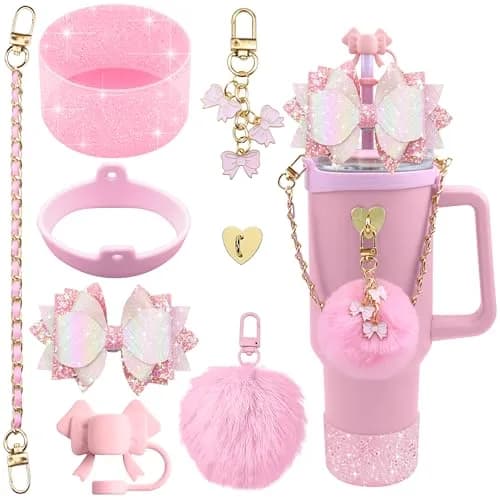 SEMATA Bling Bow Tumbler Accessories for Stanley Cup 40oz & 30oz | Pink Set with Straw Topper, Boot, Handle Strap & Charms thumbnail 1