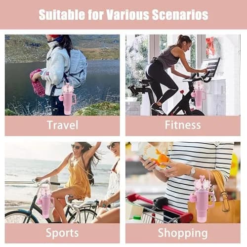 SEMATA Bling Bow Tumbler Accessories for Stanley Cup 40oz & 30oz | Pink Set with Straw Topper, Boot, Handle Strap & Charms thumbnail 6