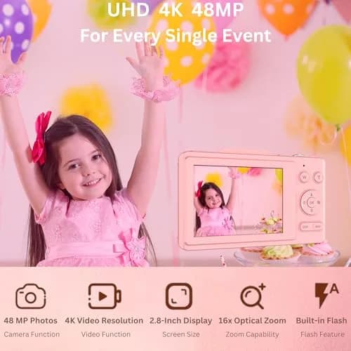 CRYOTECH 4K Digital Camera 48MP Photos 32GB SD Card & Lanyard Included Pink | 4K Video & 16x Zoom thumbnail 2