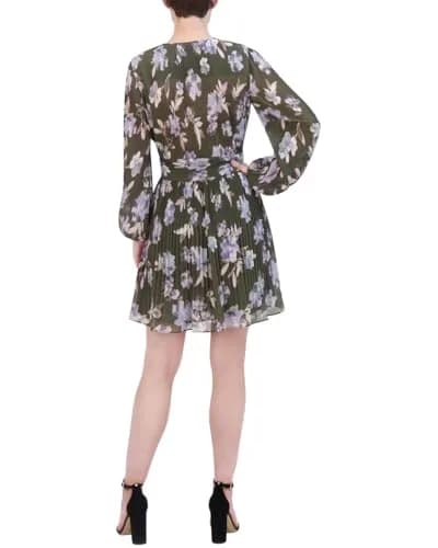 BCBG New York Long Puff Sleeve V Neck Twist Front Mini Dress | Floral Flattering Fit (70-120 chars) thumbnail 2