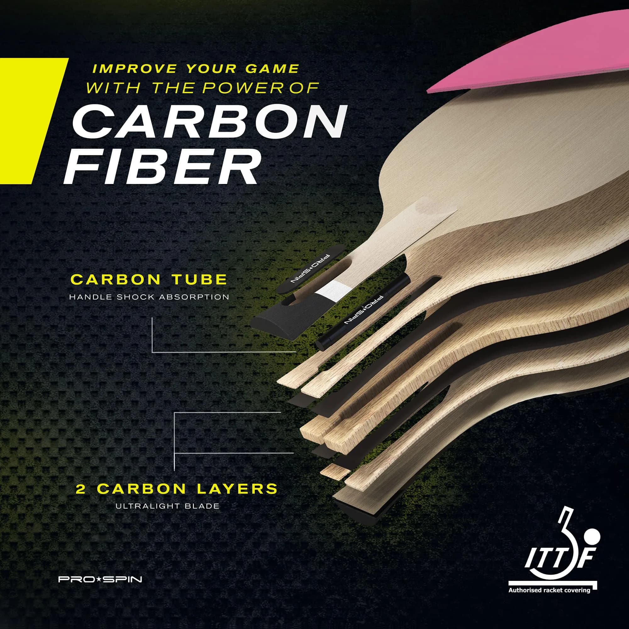 PRO-SPIN Pink 1-Pack Carbon Fiber Table Tennis Rackets with 7-Ply Blade & 2.0mm Sponge - view 3