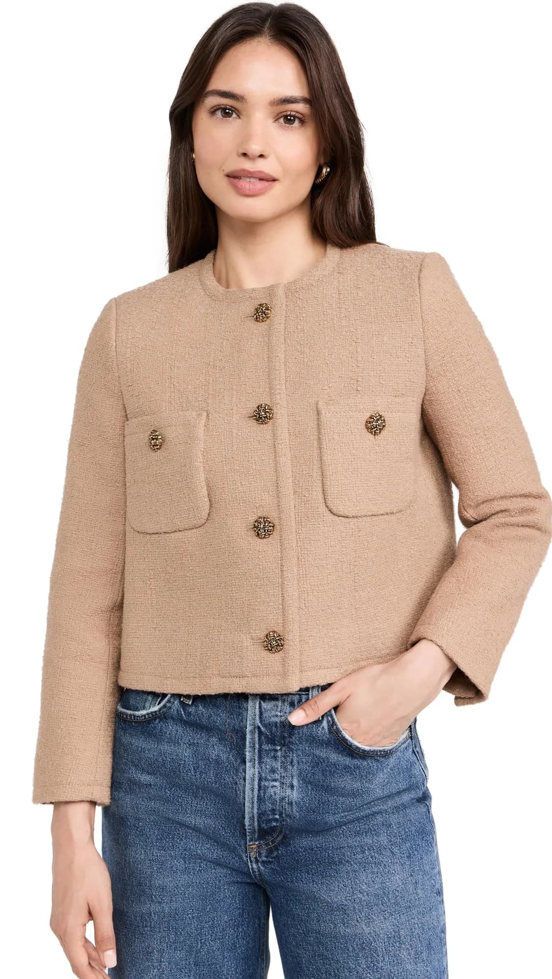ba&sh Meredith Jacket, Camel, US Size 0 | Mid-weight Tweed, Padded Shoulders