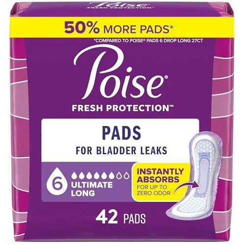 Poise Incontinence Pads for Women, Ultimate Absorbency, Long Length, 42 ct | 12 Hours Protection thumbnail 1
