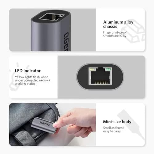 QGeeM USB C to Ethernet Adapter 1000Mbps | Gigabit Type-C Network Dongle for MacBook, iPad, Dell, Switch (Classic Gray) thumbnail 5