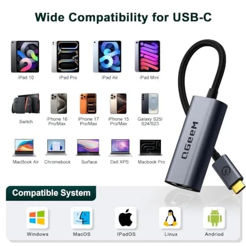 QGeeM USB C to Ethernet Adapter 1000Mbps | Gigabit Type-C Network Dongle for MacBook, iPad, Dell, Switch (Classic Gray) thumbnail 8