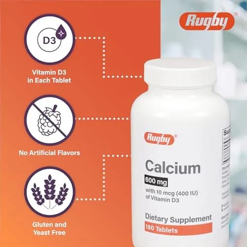 RUGBY LABORATORIES Calcium 600mg Tablets with Vitamin D3 10mcg | Dietary Supplement for Bone Support thumbnail 3